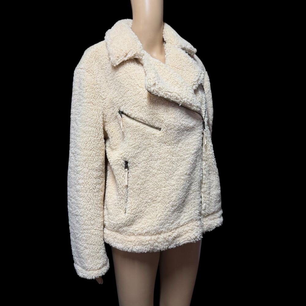 American Eagle Womens S Faux Fur Sherpa Teddy Moto Jacket Cream Zip Pockets Cozy